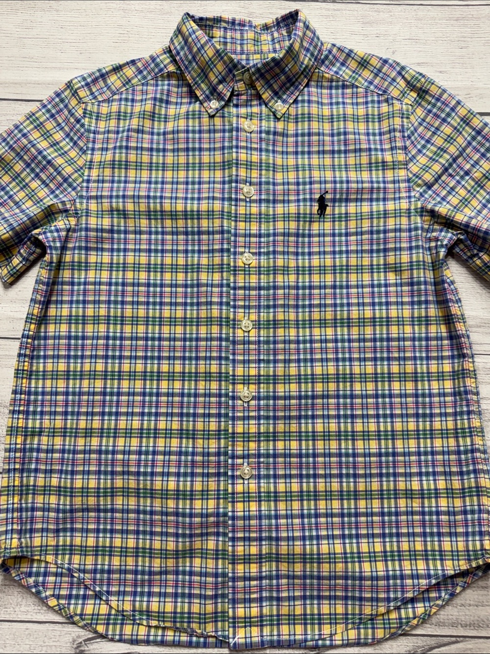 Ralph Lauren Boys Short Sleeve Plaid Button-Down Shirt in Yellow, Blue, & Green
